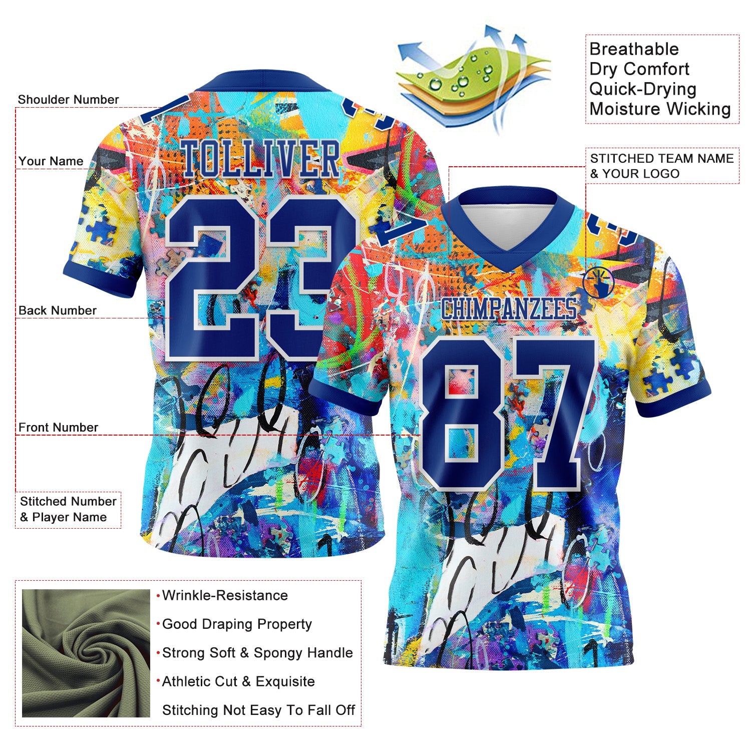 Custom Graffiti Pattern Royal-White 3D Pattern Mesh Authentic Football Jersey - Sky-Custom