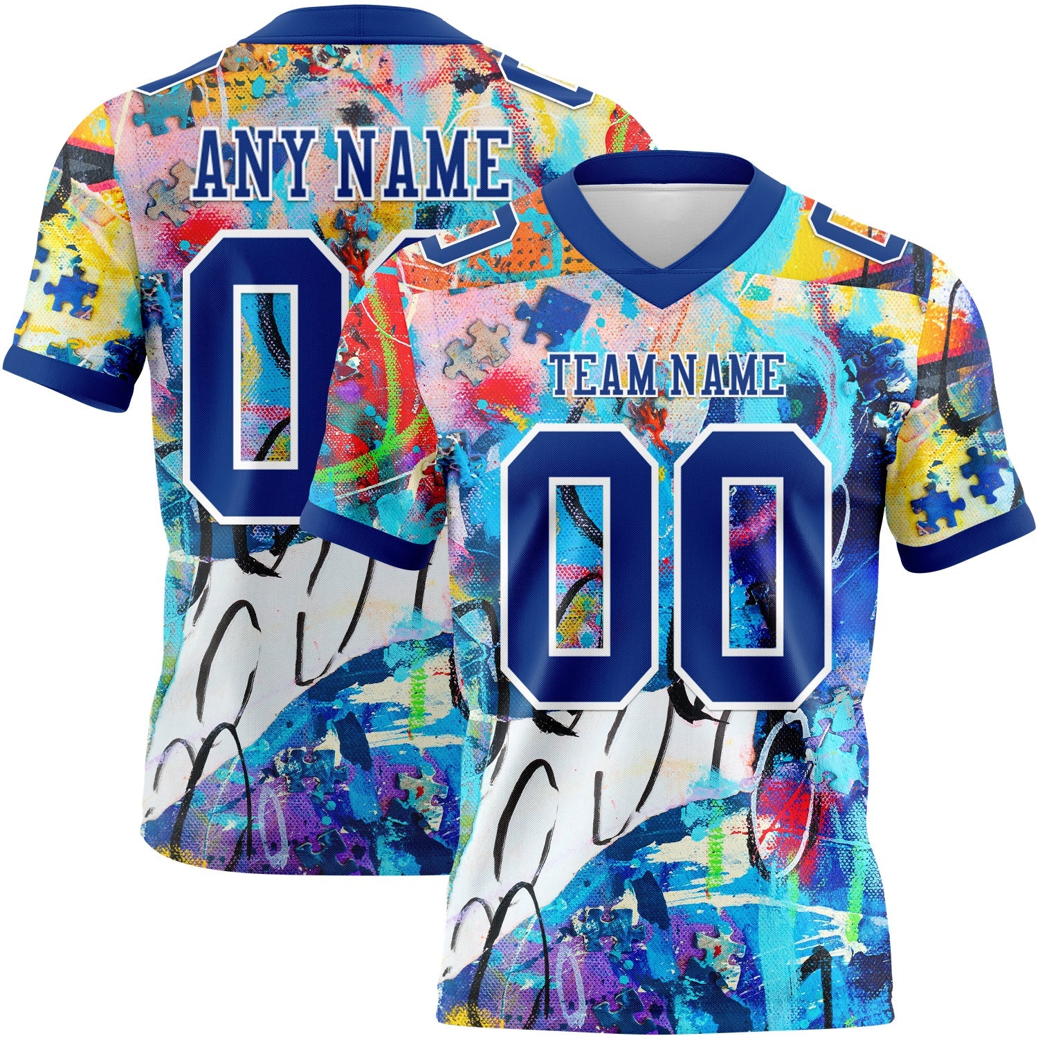 Custom Graffiti Pattern Royal-White 3D Pattern Mesh Authentic Football Jersey - Sky-Custom