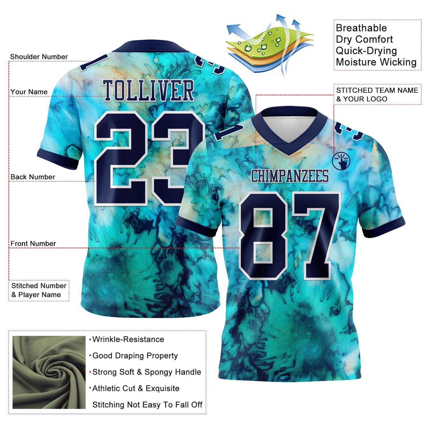 Custom Tie Dye Navy-White 3D Pattern Mesh Authentic Football Jersey - Sky-Custom