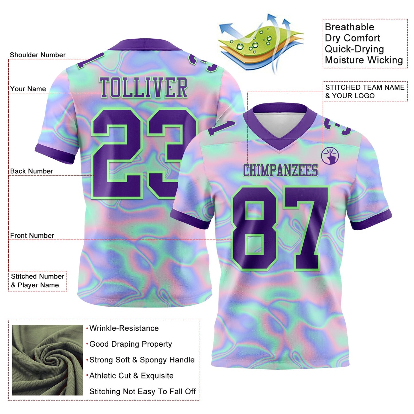 Custom Light Blue Purple-Pea Green 3D Pattern Abstract Trendy Holographic Vaporwave Style Mesh Authentic Football Jersey - Sky-Custom