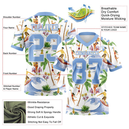 Custom White Light Blue 3D Pattern Beach Hawaii Palm Trees Mesh Authentic Football Jersey - Sky-Custom