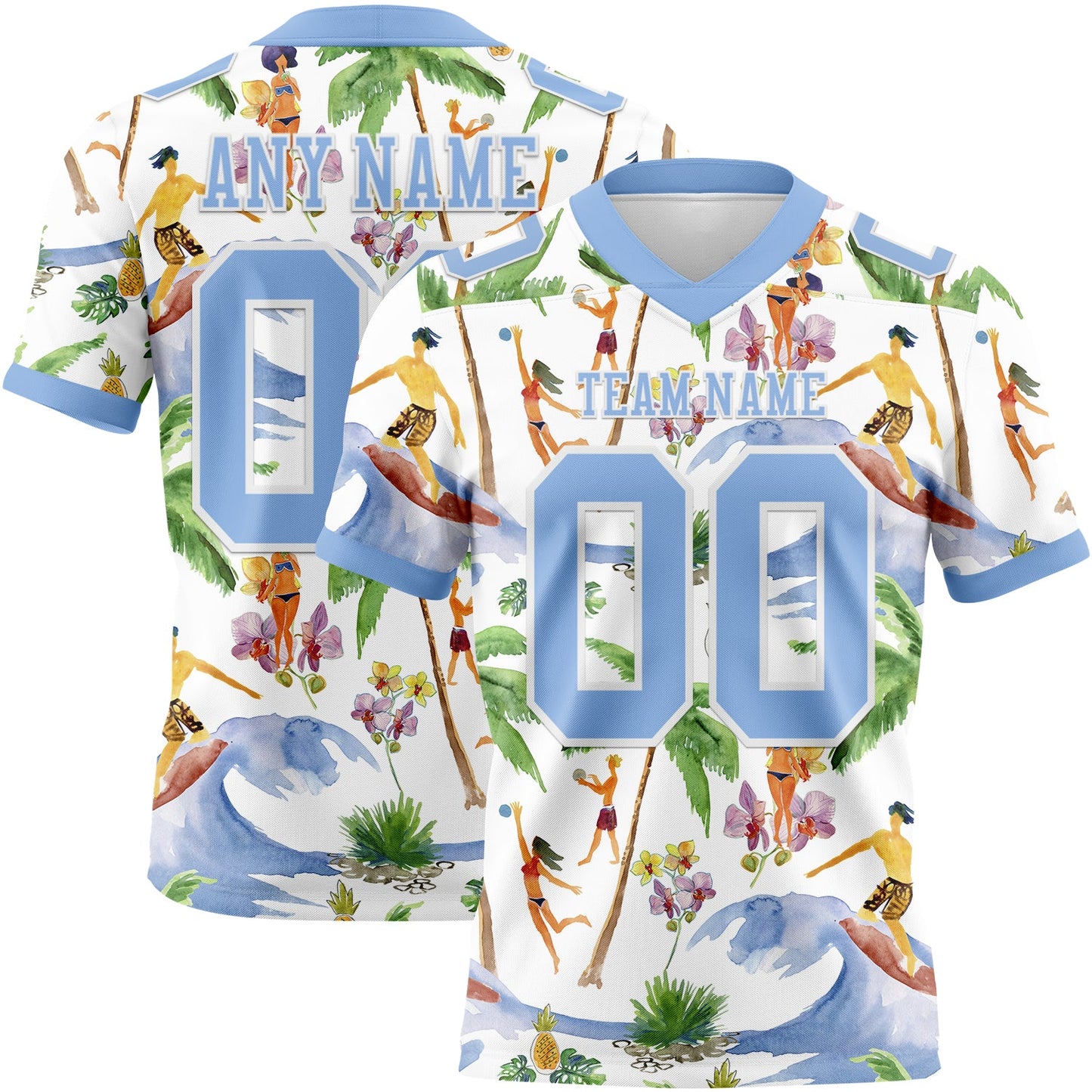 Custom White Light Blue 3D Pattern Beach Hawaii Palm Trees Mesh Authentic Football Jersey - Sky-Custom