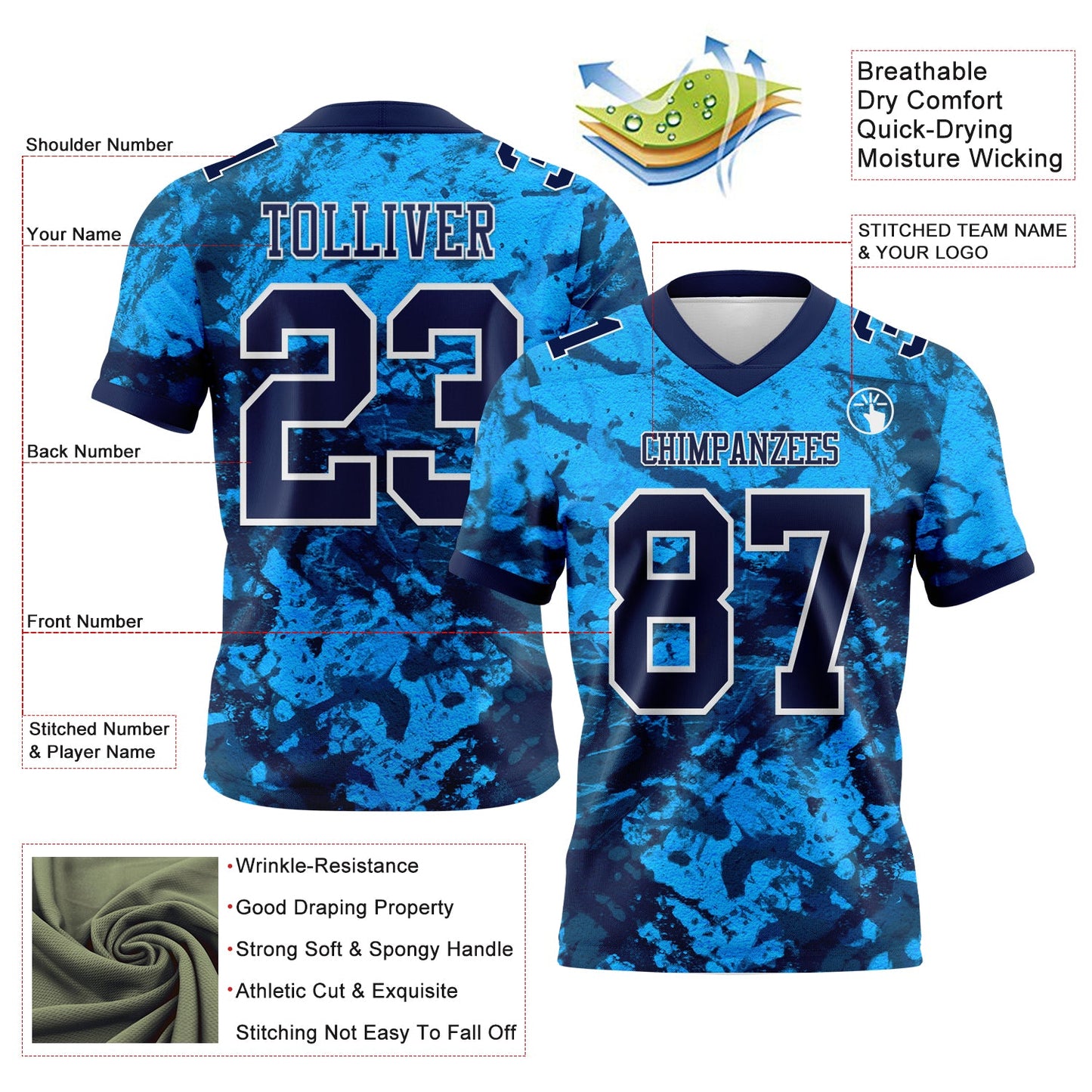 Custom Graffiti Pattern Navy-White 3D Pattern Mesh Authentic Football Jersey - Sky-Custom