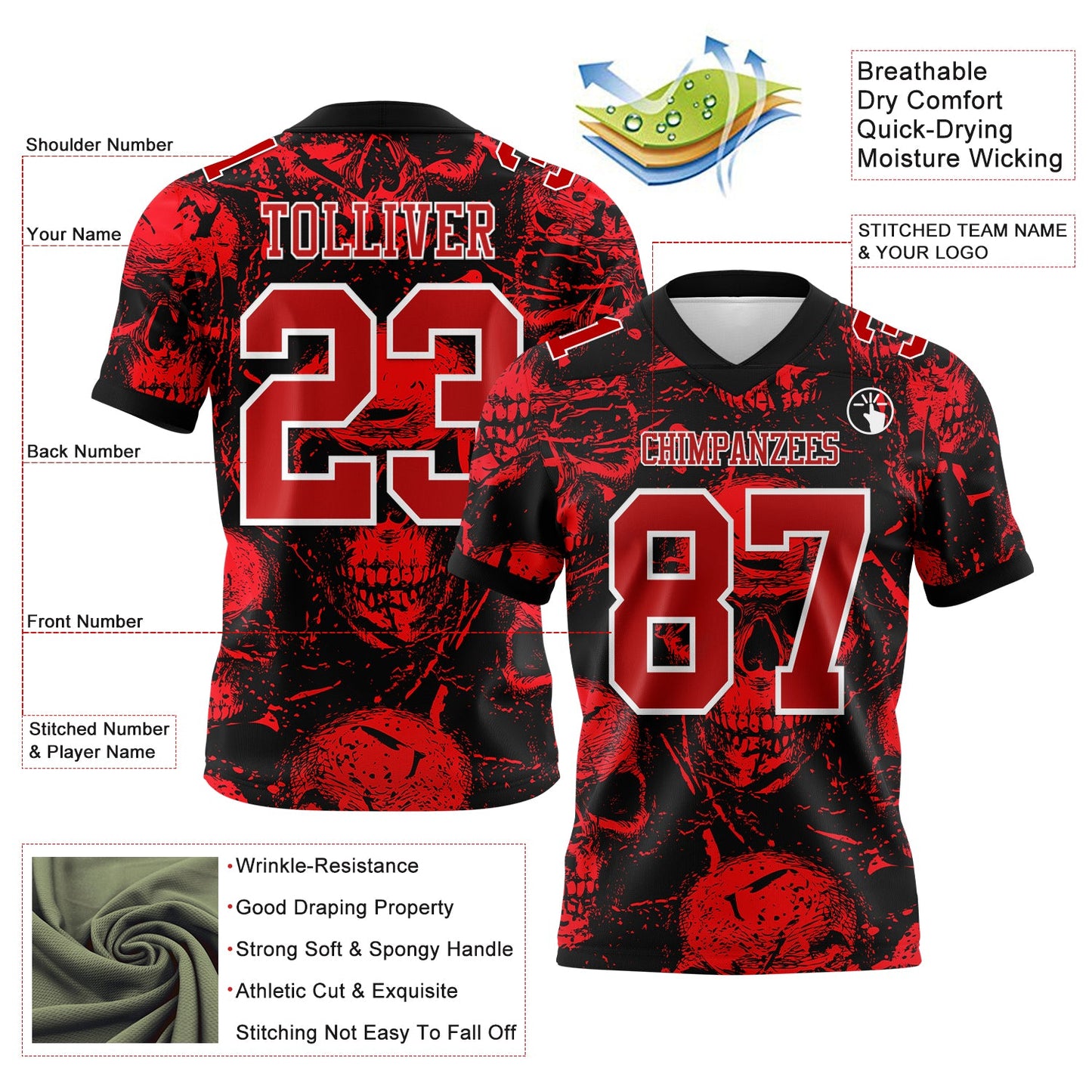 Custom Black Red-White 3D Pattern Halloween Skull Mesh Authentic Football Jersey - Sky-Custom