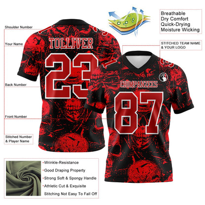 Custom Black Red-White 3D Pattern Halloween Skull Mesh Authentic Football Jersey - Sky-Custom