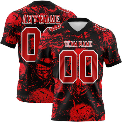 Custom Black Red-White 3D Pattern Halloween Skull Mesh Authentic Football Jersey - Sky-Custom