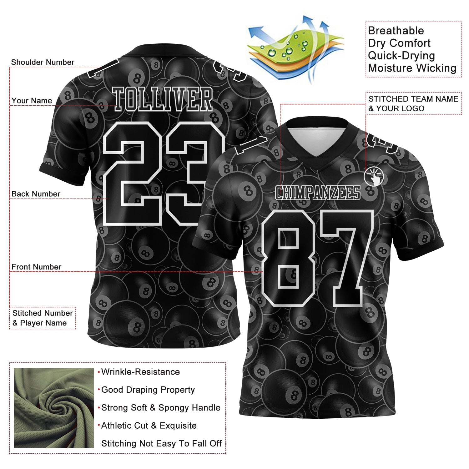 Custom Black White 3D Pattern Billiards Snooker 8 Ball Mesh Authentic Football Jersey - Sky-Custom