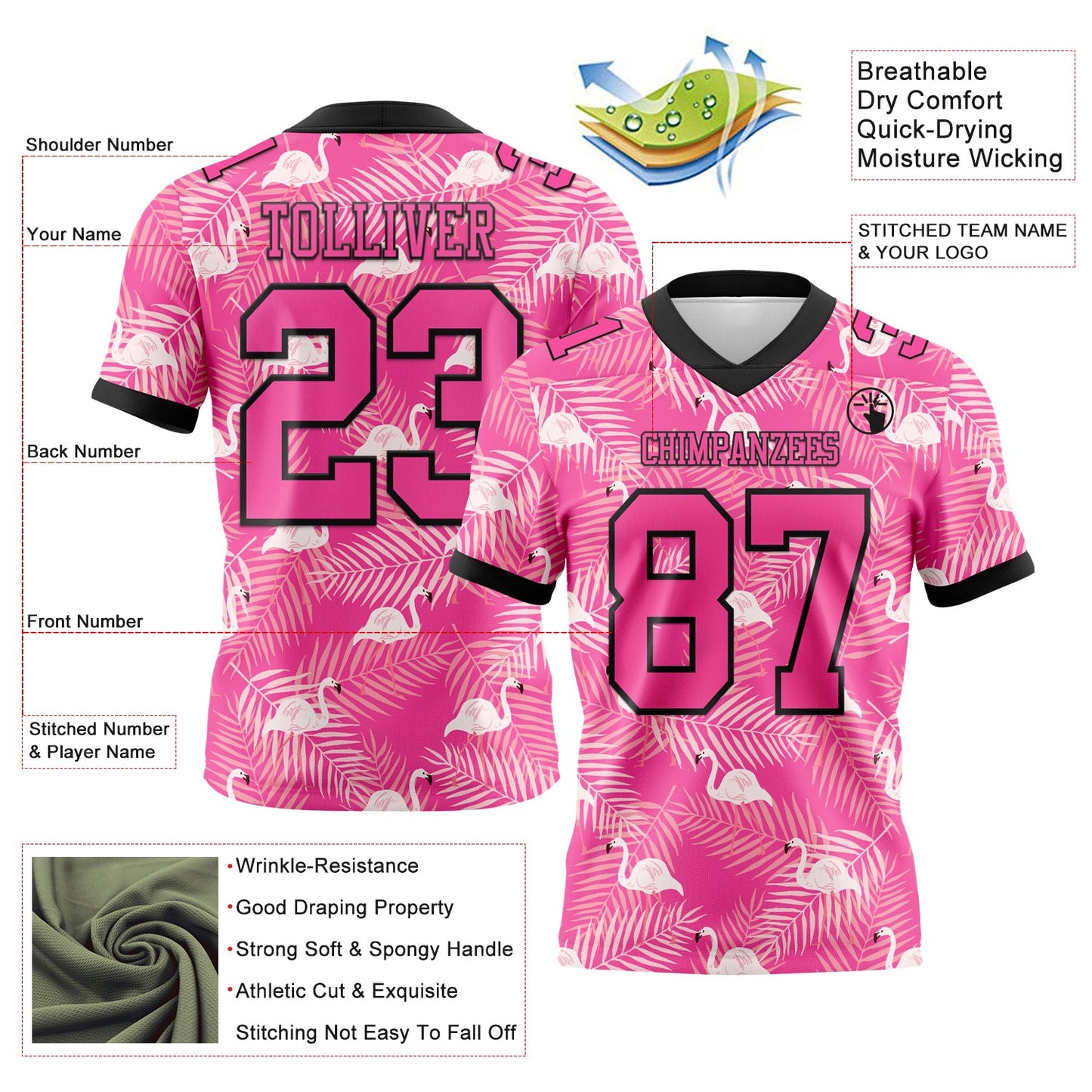 Custom Pink Black 3D Pattern Flamingo Mesh Authentic Football Jersey - Sky-Custom