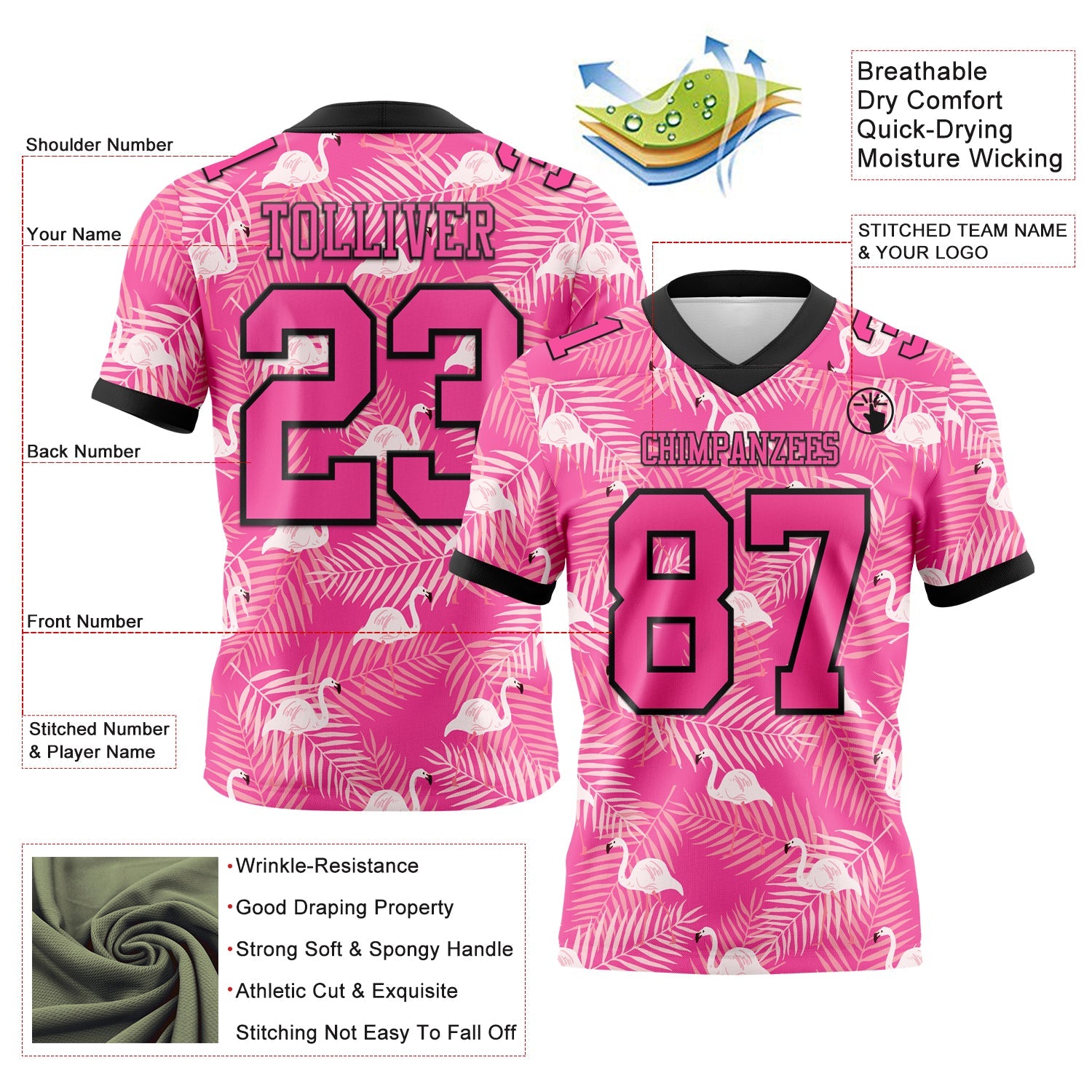 Custom Pink Black 3D Pattern Flamingo Mesh Authentic Football Jersey - Sky-Custom