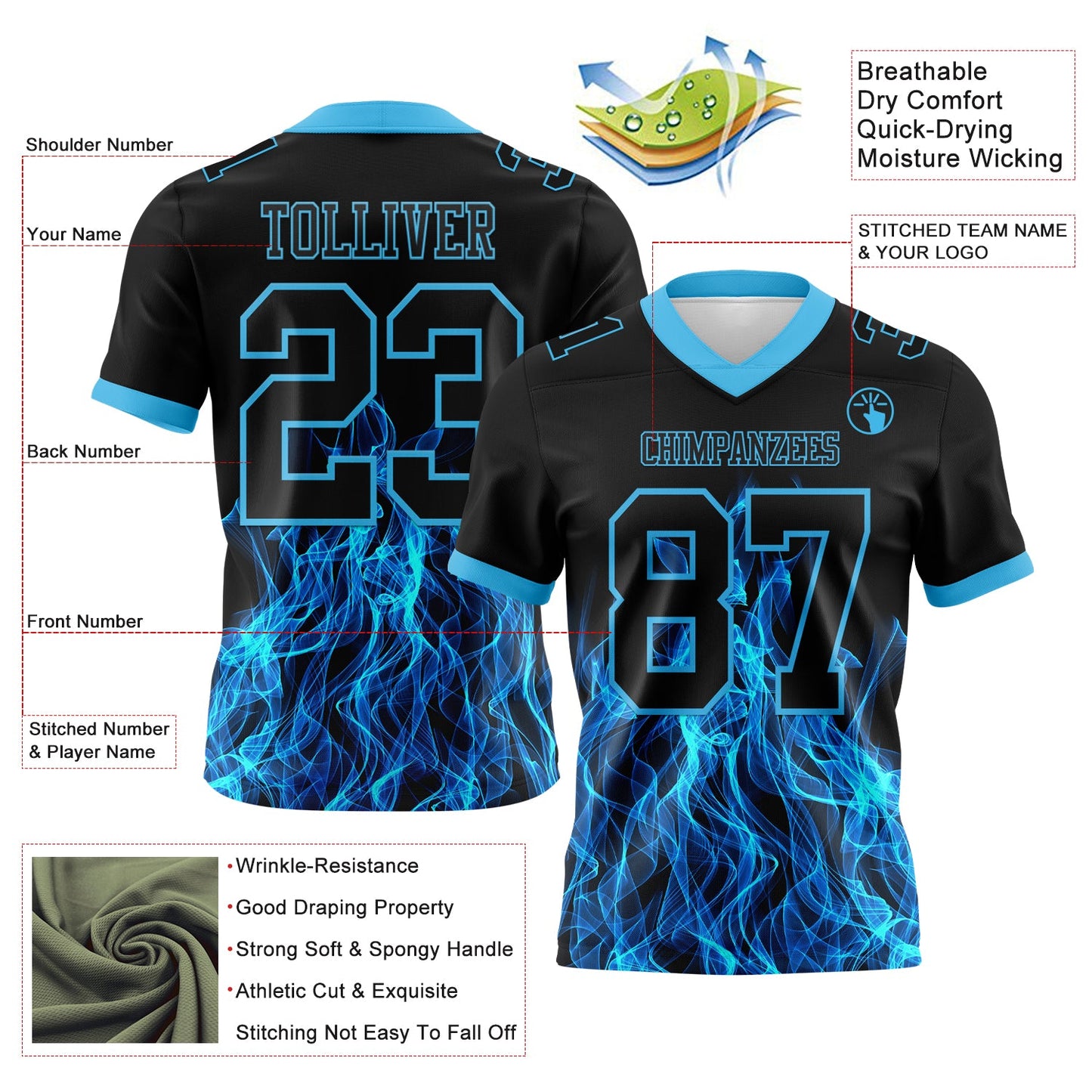 Custom Black Sky Blue 3D Pattern Flame Mesh Authentic Football Jersey - Sky-Custom