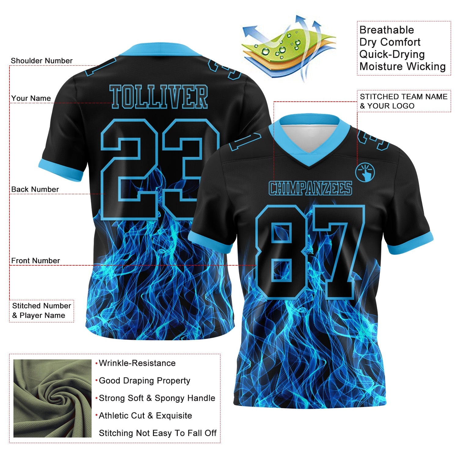 Custom Black Sky Blue 3D Pattern Flame Mesh Authentic Football Jersey - Sky-Custom