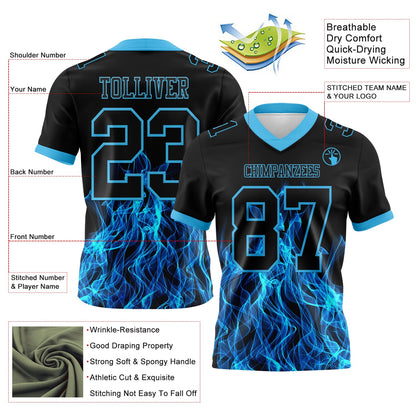 Custom Black Sky Blue 3D Pattern Flame Mesh Authentic Football Jersey - Sky-Custom