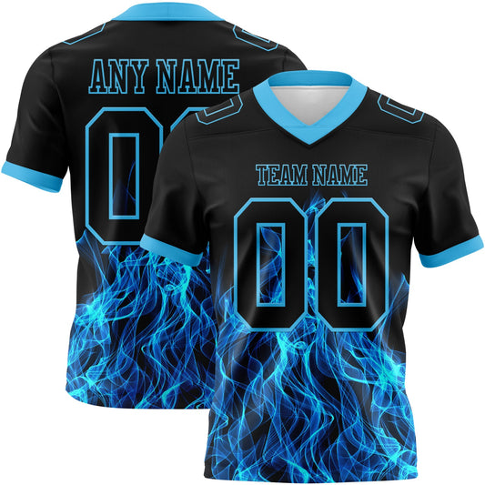 Custom Black Sky Blue 3D Pattern Flame Mesh Authentic Football Jersey - Sky-Custom
