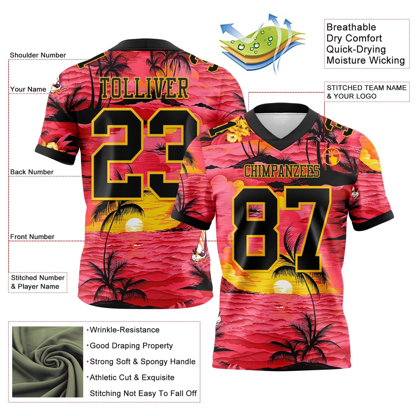Custom Red Black-Yellow 3D Pattern Sun Beach Hawaii Palm Trees Mesh Authentic Football Jersey - Sky-Custom