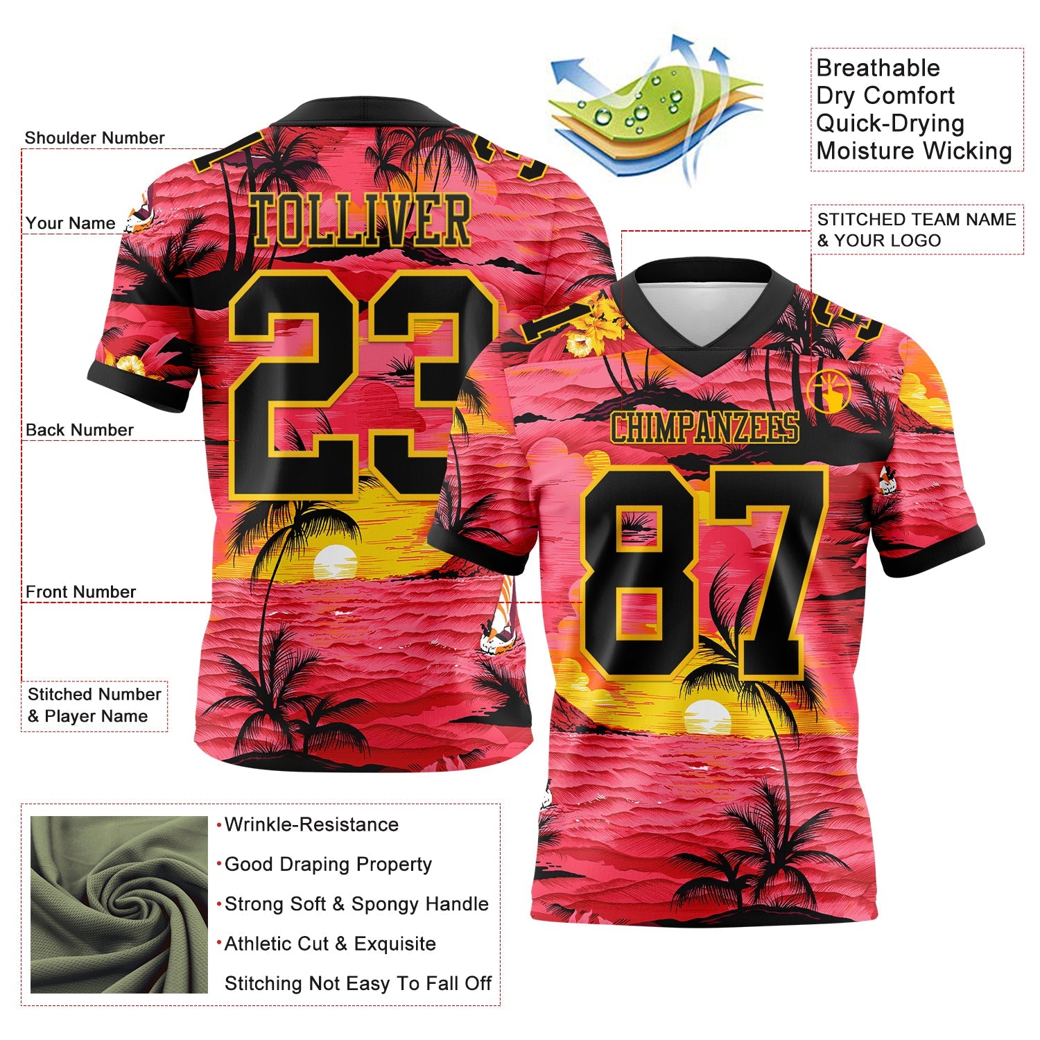 Custom Red Black-Yellow 3D Pattern Sun Beach Hawaii Palm Trees Mesh Authentic Football Jersey - Sky-Custom
