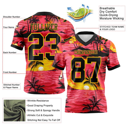 Custom Red Black-Yellow 3D Pattern Sun Beach Hawaii Palm Trees Mesh Authentic Football Jersey - Sky-Custom