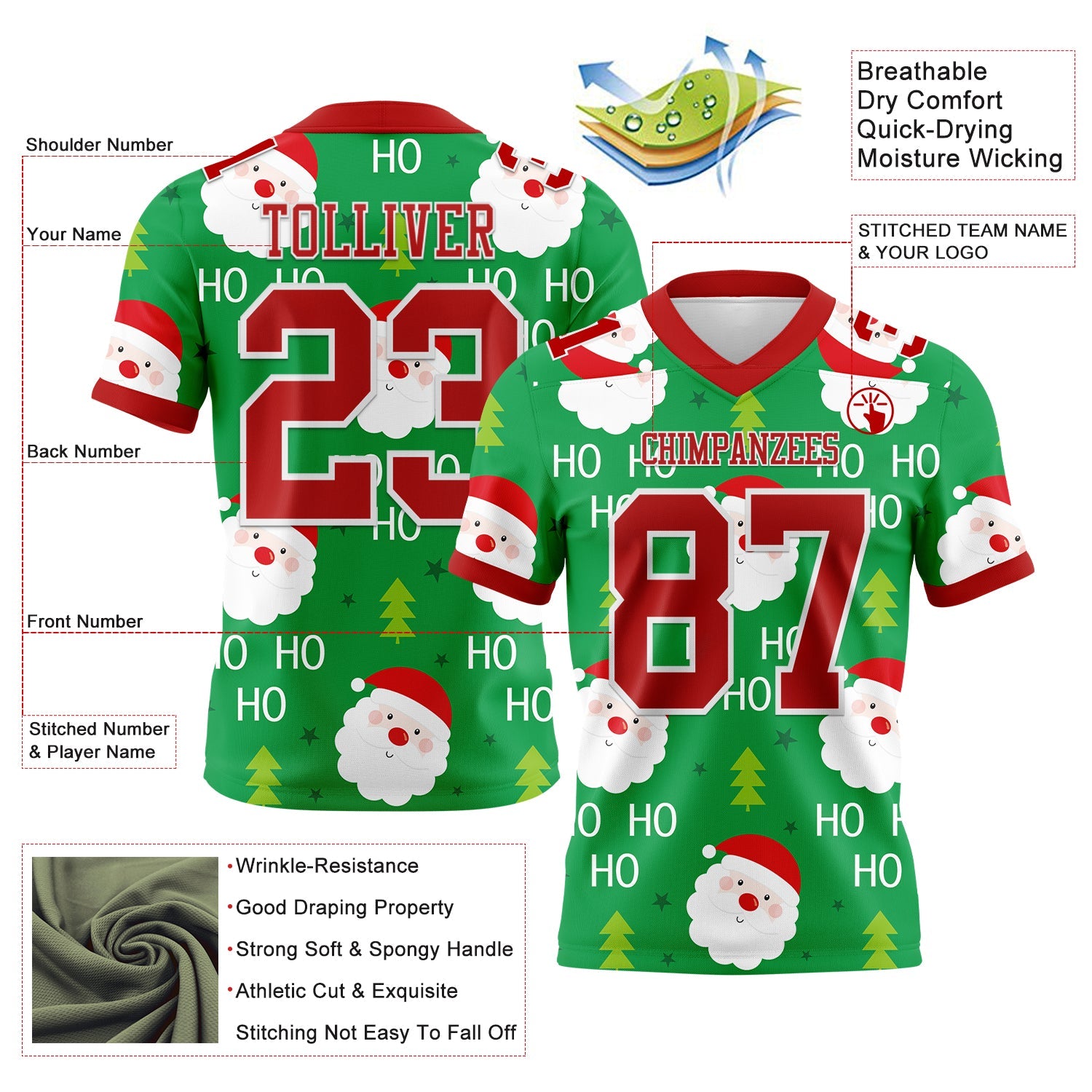 Custom Green Red-White 3D Pattern Christmas Mesh Authentic Football Jersey - Sky-Custom