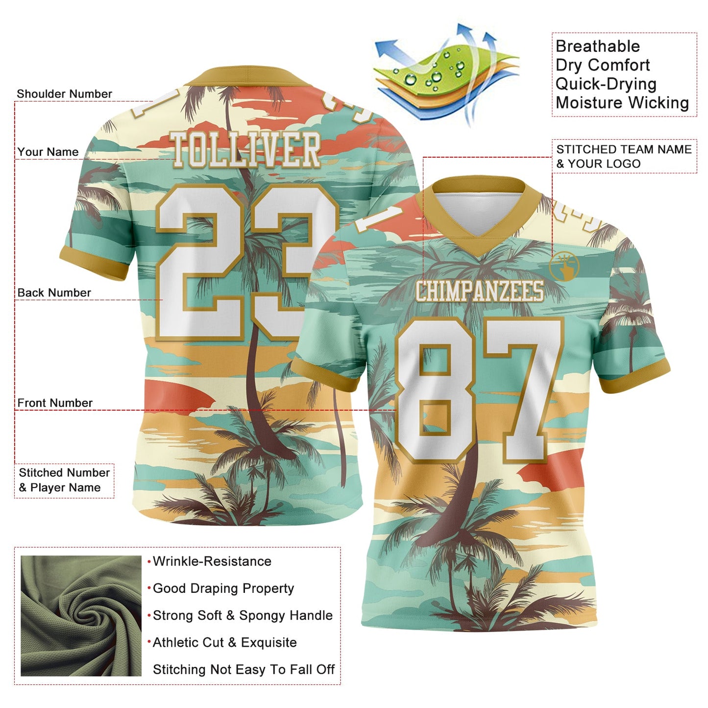 Custom Aqua White-Old Gold 3D Pattern Tropical Hawaii Palm Trees Mesh Authentic Football Jersey - Sky-Custom