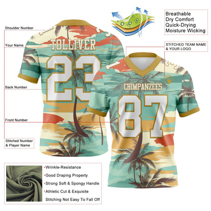 Custom Aqua White-Old Gold 3D Pattern Tropical Hawaii Palm Trees Mesh Authentic Football Jersey - Sky-Custom