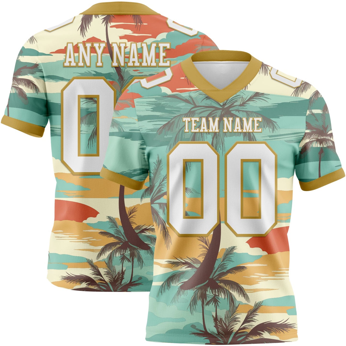Custom Aqua White-Old Gold 3D Pattern Tropical Hawaii Palm Trees Mesh Authentic Football Jersey - Sky-Custom