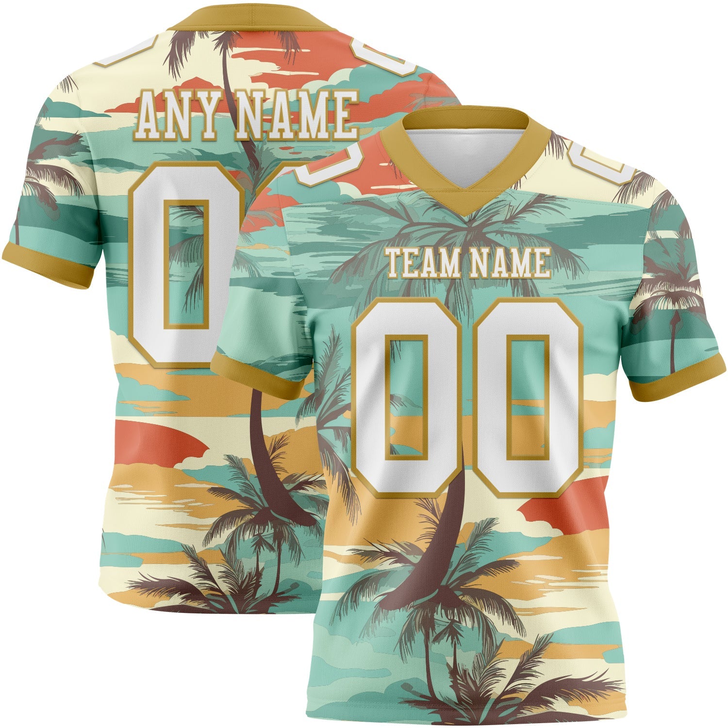 Custom Aqua White-Old Gold 3D Pattern Tropical Hawaii Palm Trees Mesh Authentic Football Jersey - Sky-Custom