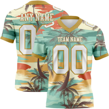Custom Aqua White-Old Gold 3D Pattern Tropical Hawaii Palm Trees Mesh Authentic Football Jersey - Sky-Custom