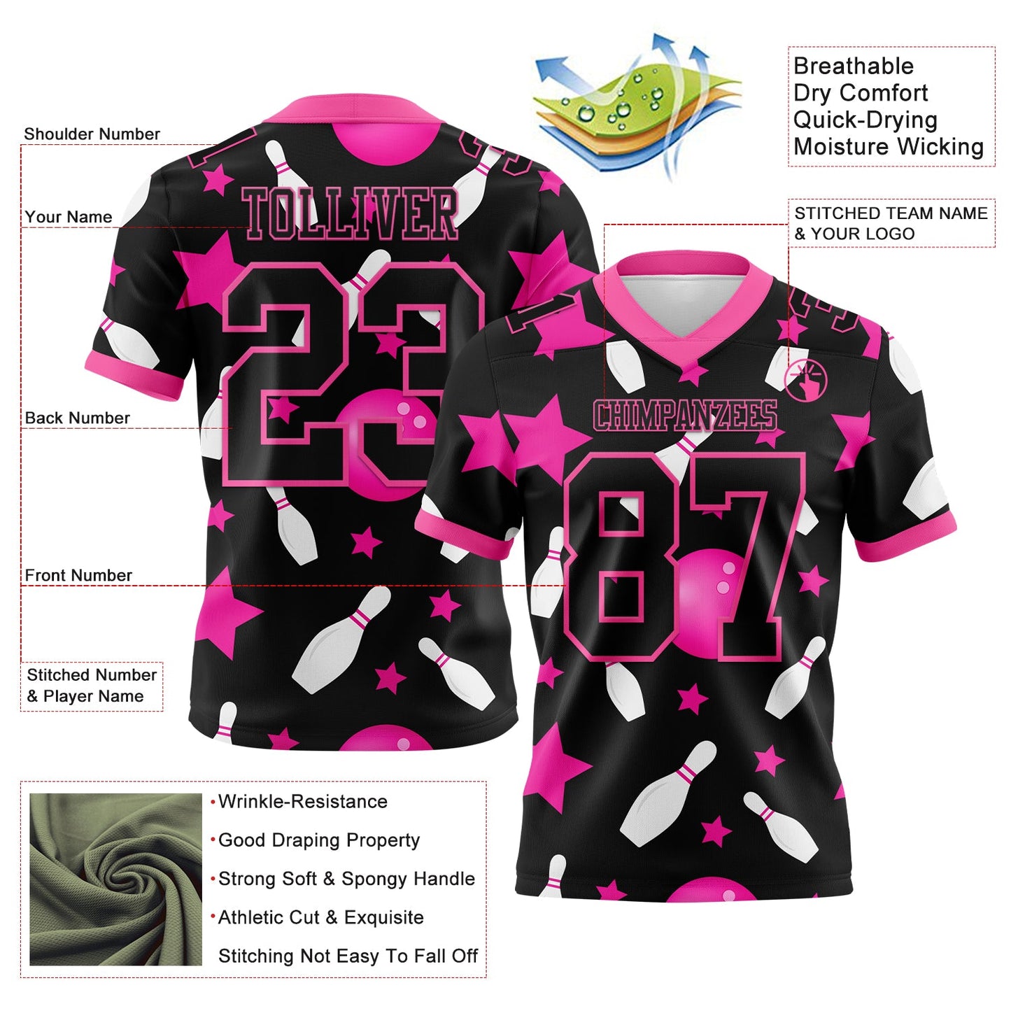 Custom Black Pink 3D Pattern Bowling Mesh Authentic Football Jersey - Sky-Custom