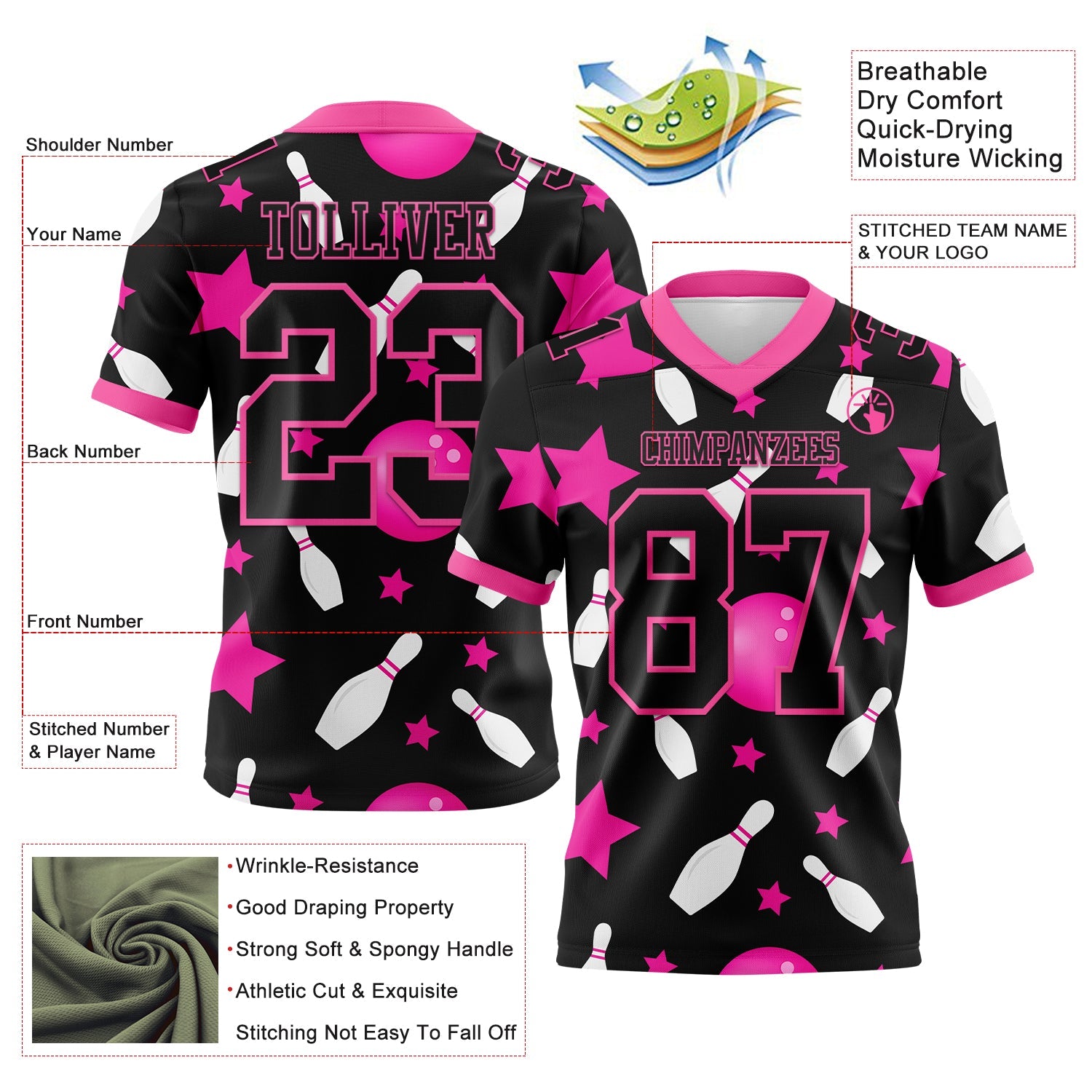 Custom Black Pink 3D Pattern Bowling Mesh Authentic Football Jersey - Sky-Custom