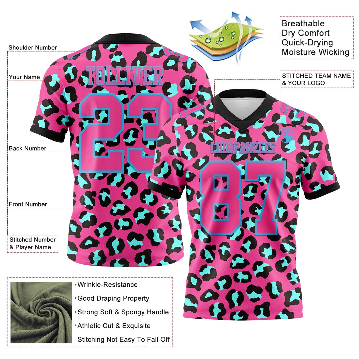 Custom Pink Sky Blue-Black 3D Pattern Leopard Print Mesh Authentic Football Jersey - Sky-Custom