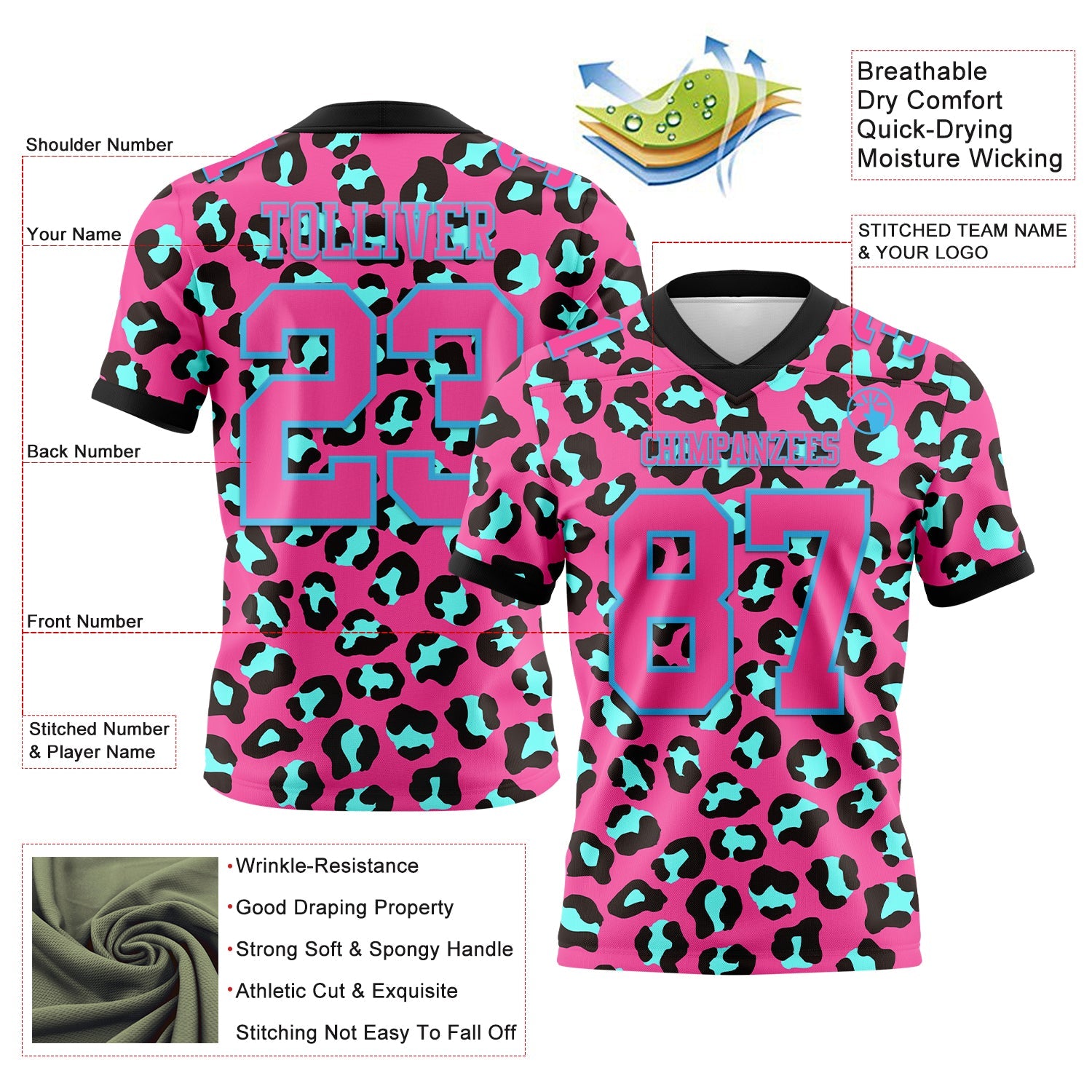 Custom Pink Sky Blue-Black 3D Pattern Leopard Print Mesh Authentic Football Jersey - Sky-Custom