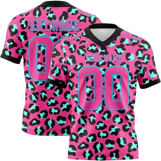 Custom Pink Sky Blue-Black 3D Pattern Leopard Print Mesh Authentic Football Jersey - Sky-Custom