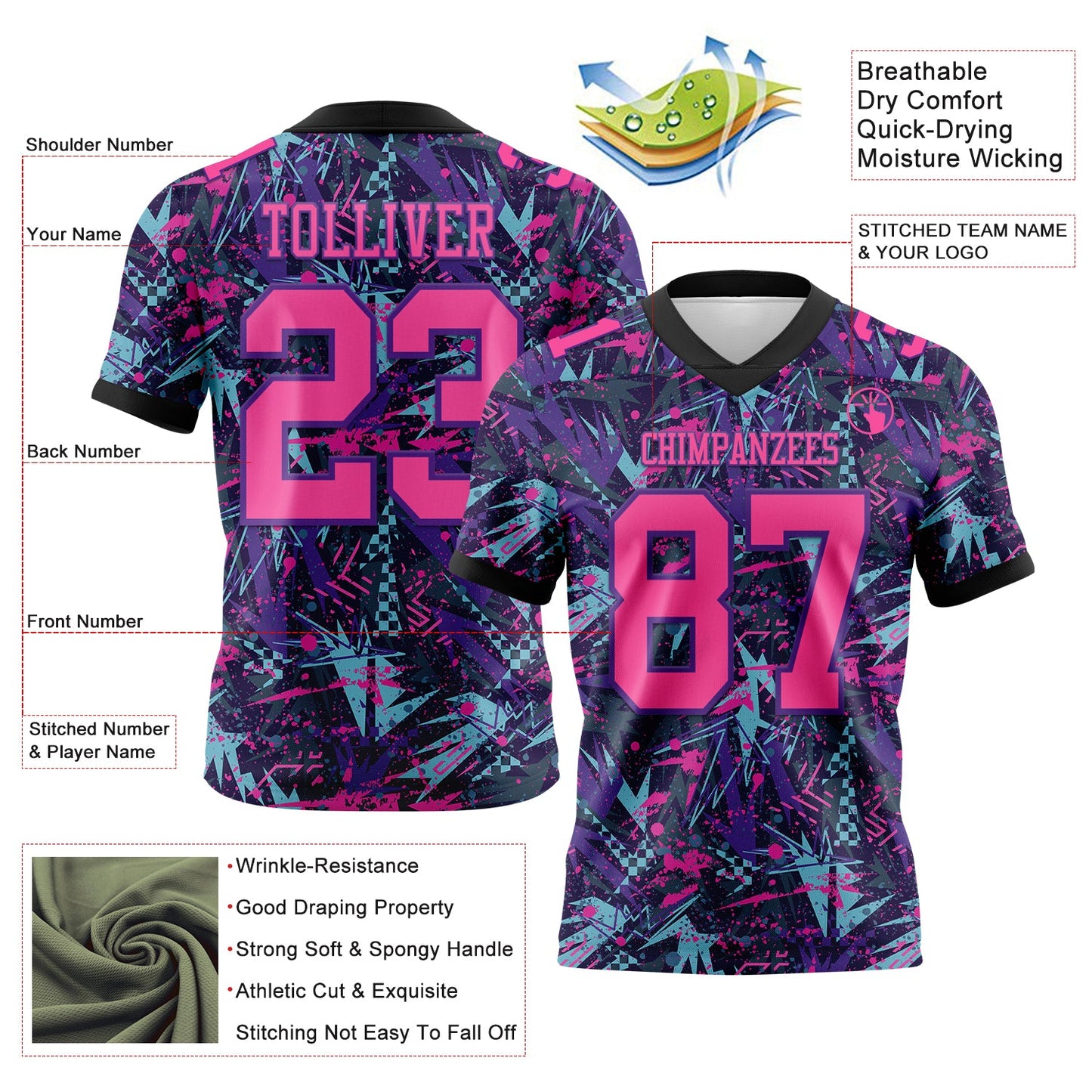 Custom Graffiti Pattern Pink Purple-Black 3D Pattern Creative Geometric Figures And Dots Mesh Authentic Football Jersey - Sky-Custom