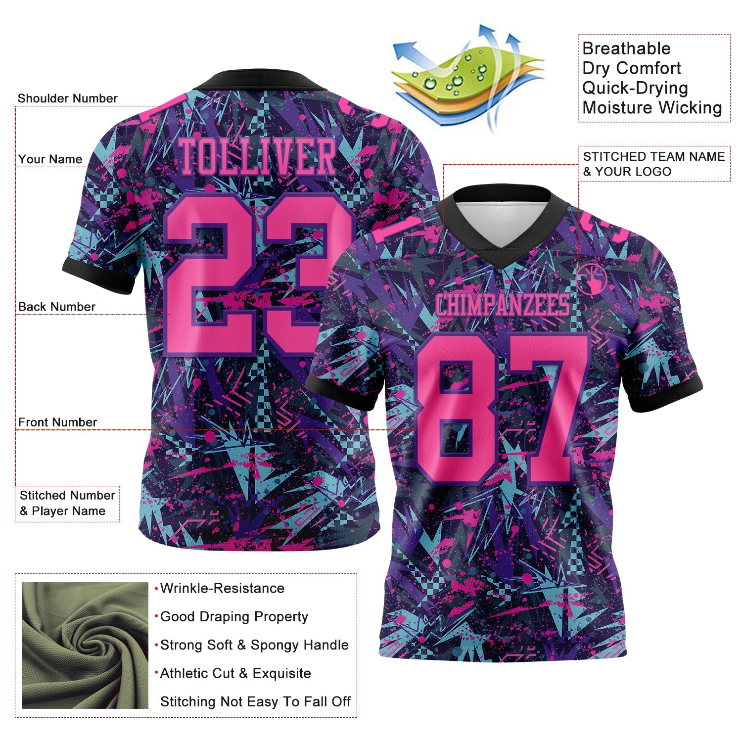 Custom Graffiti Pattern Pink Purple-Black 3D Pattern Creative Geometric Figures And Dots Mesh Authentic Football Jersey - Sky-Custom