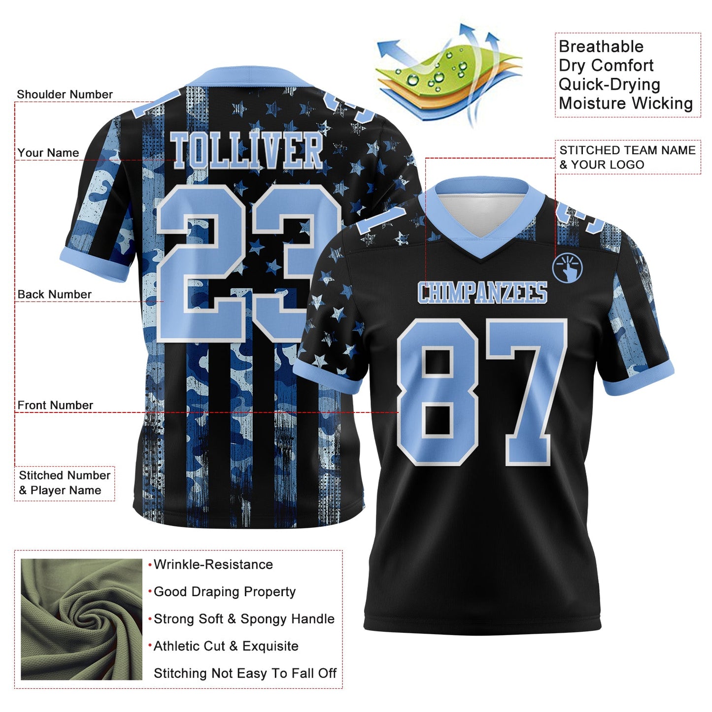 Custom Black Light Blue-White 3D Pattern American Flag Mesh Authentic Football Jersey - Sky-Custom