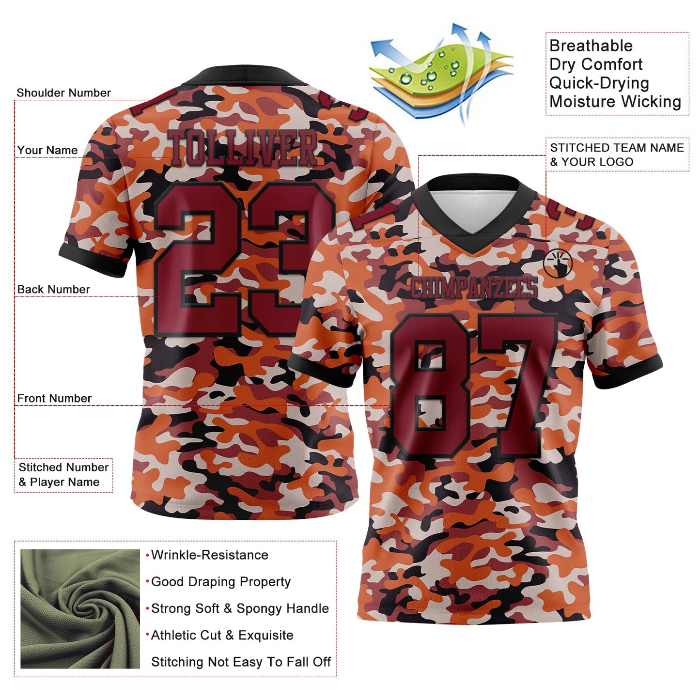 Custom Camo Crimson-Black 3D Pattern Salute To Service Mesh Authentic Football Jersey - Sky-Custom