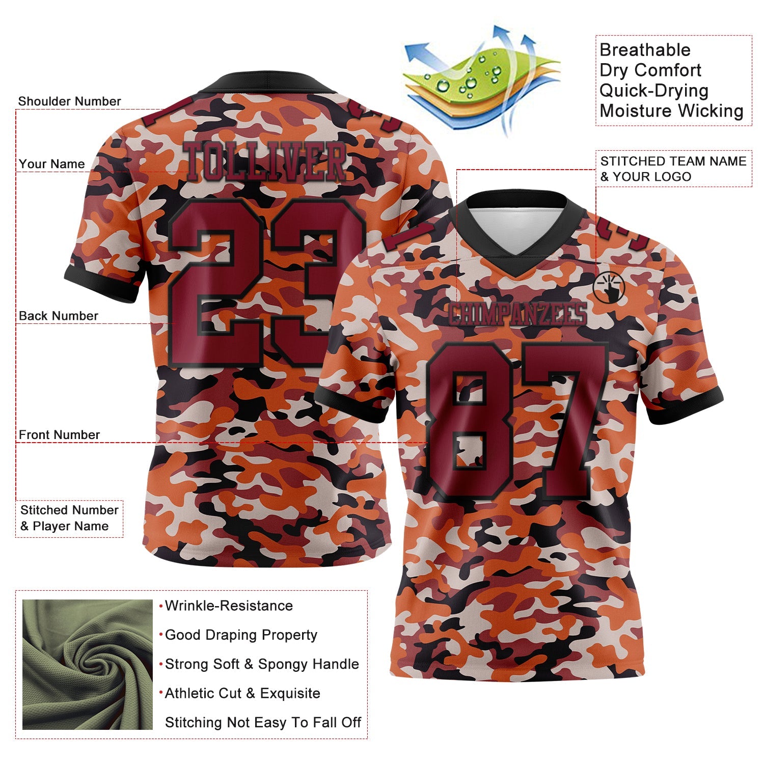 Custom Camo Crimson-Black 3D Pattern Salute To Service Mesh Authentic Football Jersey - Sky-Custom