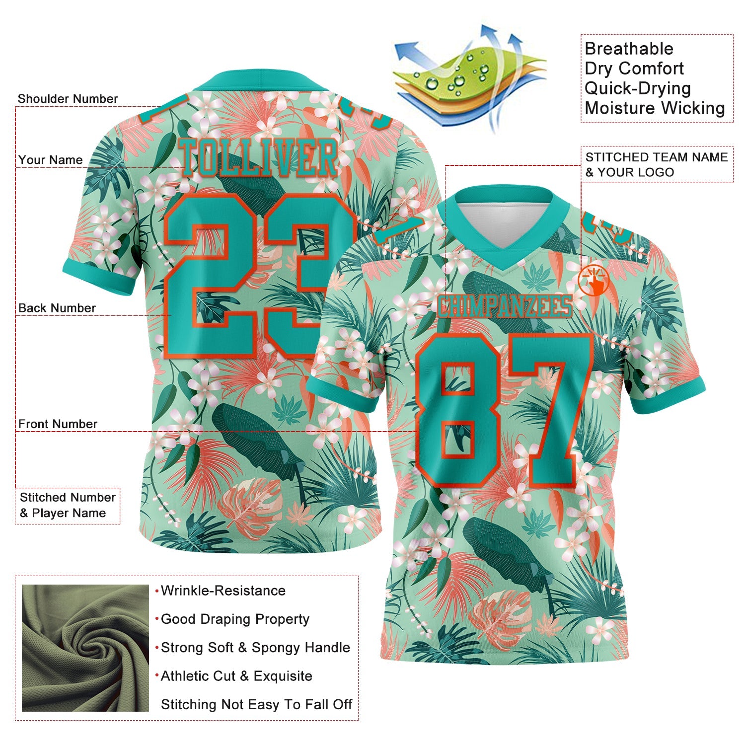 Custom Teal Orange 3D Pattern Hawaii Palm Leaves And Flowers Mesh Authentic Football Jersey - Sky-Custom