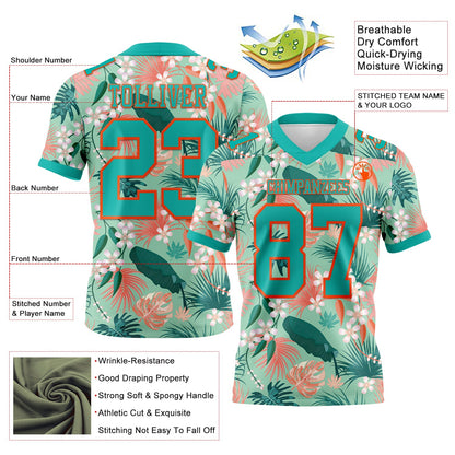 Custom Teal Orange 3D Pattern Hawaii Palm Leaves And Flowers Mesh Authentic Football Jersey - Sky-Custom