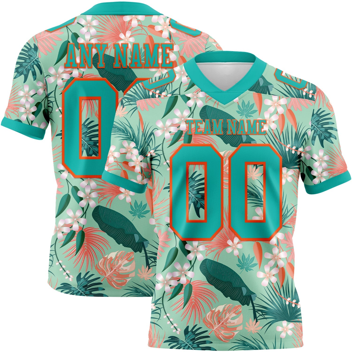 Custom Teal Orange 3D Pattern Hawaii Palm Leaves And Flowers Mesh Authentic Football Jersey - Sky-Custom