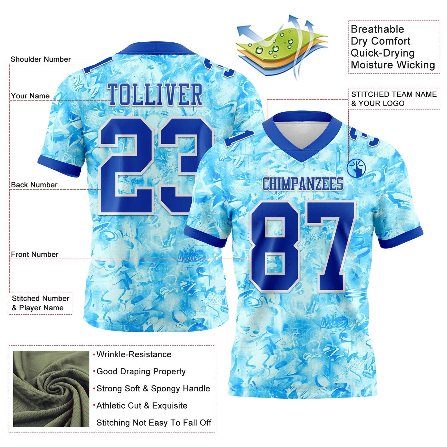 Custom Graffiti Pattern Thunder Blue-White 3D Pattern Scratch Mesh Authentic Football Jersey - Sky-Custom