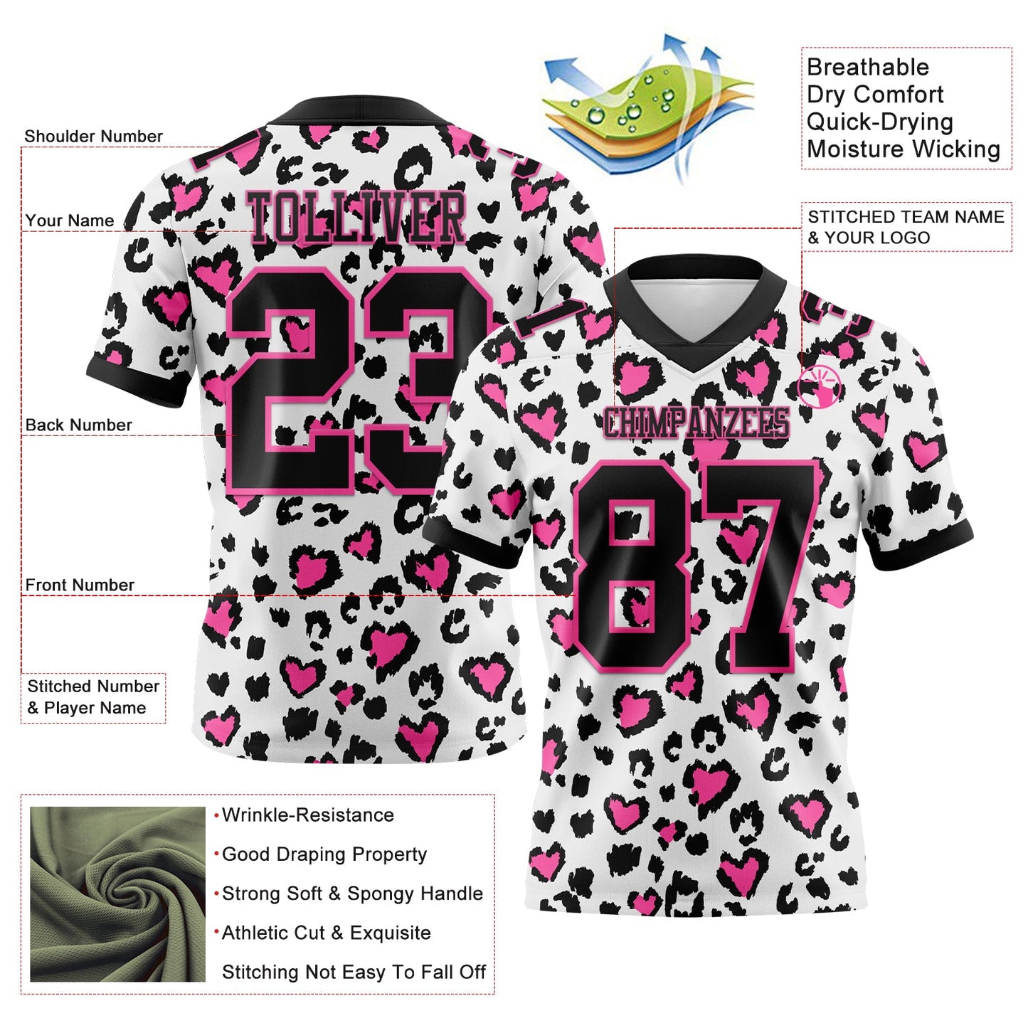 Custom White Black-Pink 3D Pattern Leopard Print Mesh Authentic Football Jersey - Sky-Custom