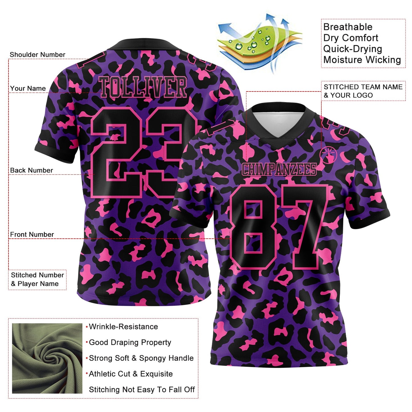 Custom Purple Black-Pink 3D Pattern Leopard Print Mesh Authentic Football Jersey - Sky-Custom