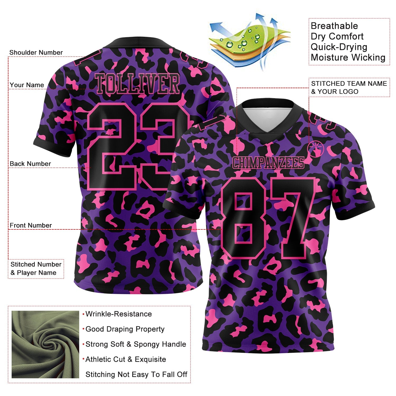 Custom Purple Black-Pink 3D Pattern Leopard Print Mesh Authentic Football Jersey - Sky-Custom