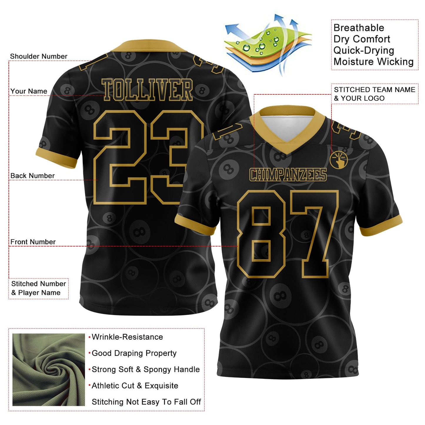Custom Black Old Gold 3D Pattern Billiards Snooker 8 Ball Mesh Authentic Football Jersey - Sky-Custom