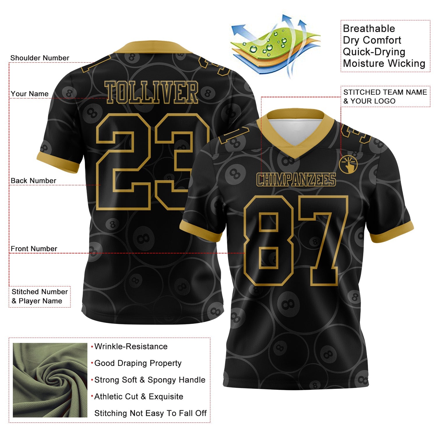 Custom Black Old Gold 3D Pattern Billiards Snooker 8 Ball Mesh Authentic Football Jersey - Sky-Custom