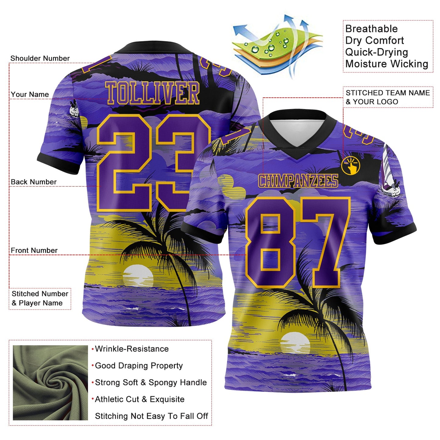 Custom Purple Black-Yellow 3D Pattern Sun Beach Hawaii Palm Trees Mesh Authentic Football Jersey - Sky-Custom