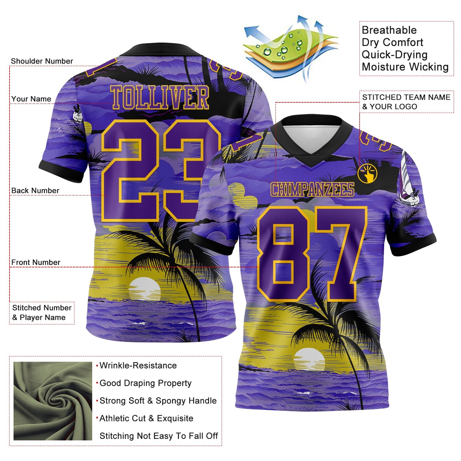 Custom Purple Black-Yellow 3D Pattern Sun Beach Hawaii Palm Trees Mesh Authentic Football Jersey - Sky-Custom