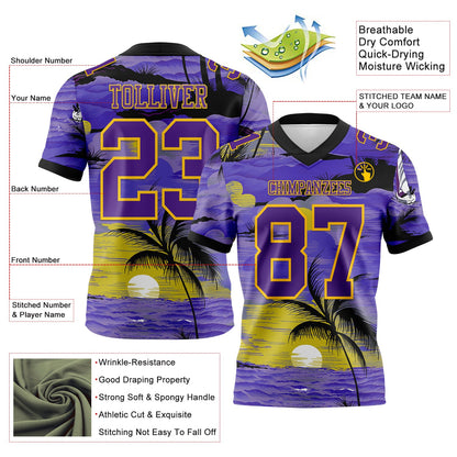 Custom Purple Black-Yellow 3D Pattern Sun Beach Hawaii Palm Trees Mesh Authentic Football Jersey - Sky-Custom
