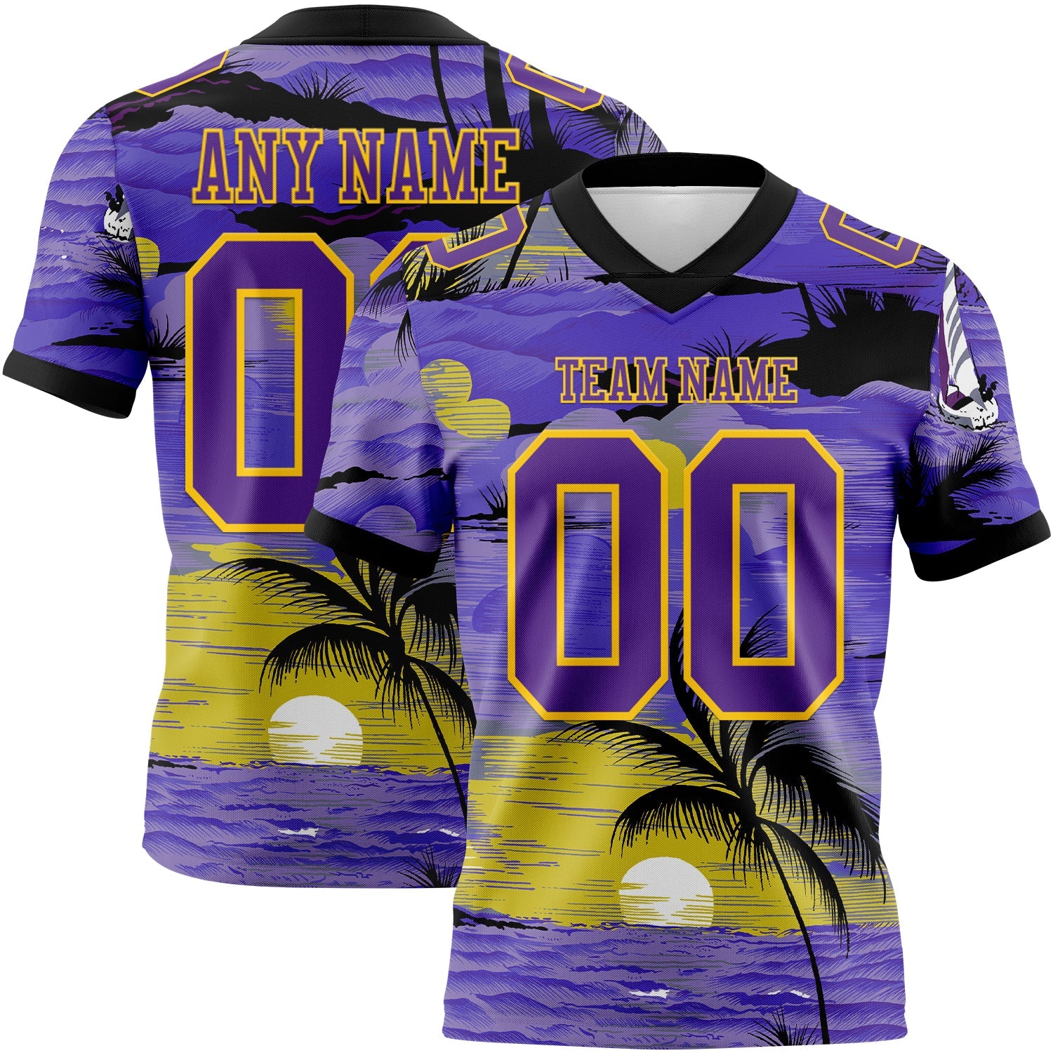 Custom Purple Black-Yellow 3D Pattern Sun Beach Hawaii Palm Trees Mesh Authentic Football Jersey - Sky-Custom