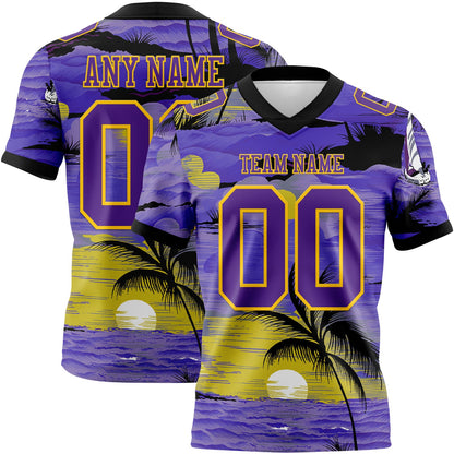 Custom Purple Black-Yellow 3D Pattern Sun Beach Hawaii Palm Trees Mesh Authentic Football Jersey - Sky-Custom